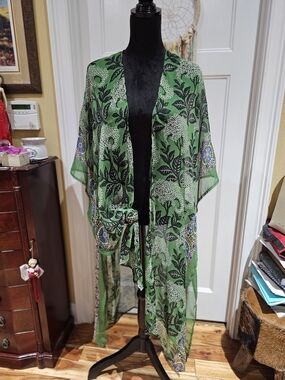 Green Floral Sheer Kimono Cover-Up